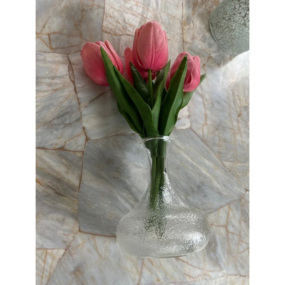 Pink Faux Tulips in‎ Textured Clear Glass Bud Vase Arrangement 8.5 Inch